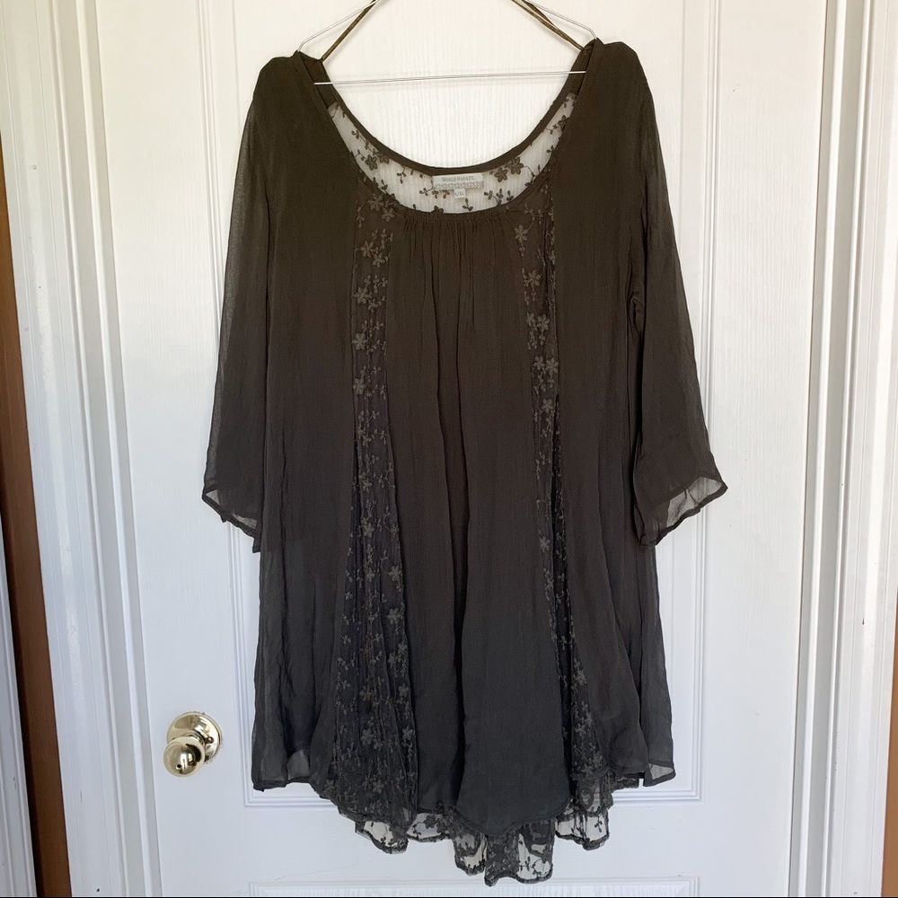 World Market Sage Green Flowy Lace/Gauze Blouse